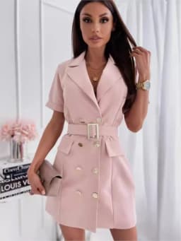 Elegant Women Solid Short Sleeve Mini Dress Summer Casual Lapel Blazer Dress Fashion Double Breasted Party Dresses With Belt