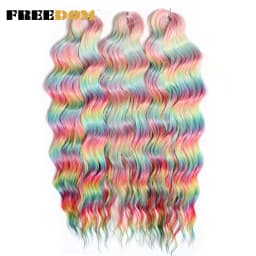FREEDOM Synthetic Braiding Hair Extensions Deep Wavy 24 inch Long Curly Braids Hair Ombre Brown Rainbow Twist Crochet Hair