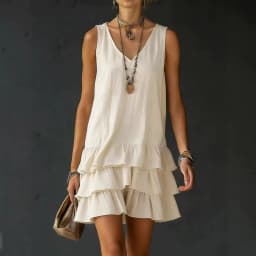 2026 Summer Casual Simple Solid Color Dress Women's Elegant Solid Color V-Neck Sleeveless Loose Layered Ruffle Edge Vest Dress