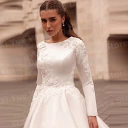 Elegant A Line Women's O Neck Appliques Wedding Dresses Vestido De Novia Long Sleeve Satin Bride Gowns Customized Robe De Mariée