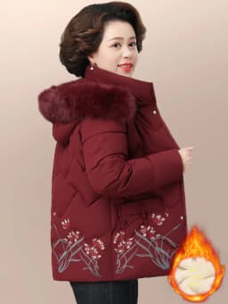 Warm Fleece Lined Cotton Jacket for Middle-Aged And Elderly Women Casual Style Winter Coat with Hood Zipper Closure And Pockets