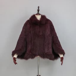 New Extra Long Real Genuine Natural Knitted Rabbit Fur Shawl Coat with Fox Fur Collar Women's Fashion Knit Jacket Cape