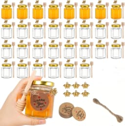 12/20/30/50/60Pcs-Mini Honey Jars with Dipper, Hexagonal Glass Honey Jars, Glass Sugar Jars with Lids, Kitchen Glass Sealed Jars, Available in Various Sizes Such as 1.5/2/3oz, Come with Bee Pendants, Twine, and Card Tags, Perfect for Baby Shower Gifts, Wedding Gifts, Party Favors
