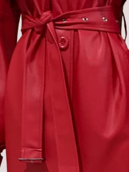 Mauroicardi Autumn Extra Long Red Soft Pu Leather Coat Women Ruffled Lantern Sleeve Back Slit Elegant Luxury Designer Clothes