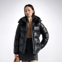 BOSIDENG Women Hooded Short Goose Down Coat 90% Goose Down 700+ Loft Shiny Fabric Adjustable Waist Puff Winter Outerwear