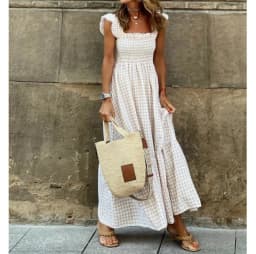 Elegant Temperament Plaid Patchwork Slip Boho Dress Summer Ruffle Backless Pleated Elastic Waist Swing Loose Party Dresses