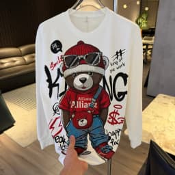 Handsome Bear Hot Diamonds Round Neck Pullover Top Autumn Winter Long Sleeve Sweatshirt All-match Male Cotton Hoodie T-shirt
