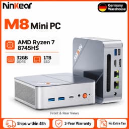 Ninkear M8 Mini PC AMD Ryzen 7 8745HS, 8 Cores 16 Threads, 16GB DDR5 RAM, 1TB SSD, Radeon 780M Graphics, Windows 11, WiFi 6, Bluetooth 5.2, Dual 2.5G LAN, HDMI, DisplayPort, USB-C, Compact Desktop Computer