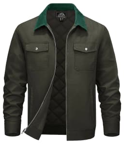 TACVASEN Quilted Cargo Jackets Lightweight Full Zip Corduroy Collar Jackets Cotton Casual Shacket Padded Coats with 5 Pockets