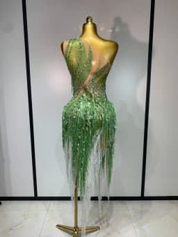 Sparkly Diamond Tassels Sexy Mesh See Through Bodycon Dress Women Nightclub Bar Evening Party Gogo Dancer Singer Stage Costume