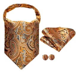 Hi-Tie Silk Mens Ascots Hanky Cufflinks Set Jacquard Paisley Floral Cravat Tie Self Vintage Ascot Black Gray Red Gold Pink Blue