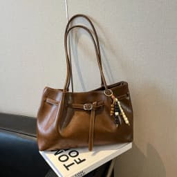 Vintage Brown Leather Tote Bag with Beaded Bag Charm Buckle Detail Large Capacity Shoulder Purse for Work Commuter Daily Use