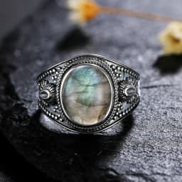 Silver Ring for Women Oval Round Natural Labradorite Ring Gift Sun Shaped Retro Luxury Fine Jewelry