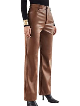 Women PU Leather Pants Solid Color High Waist Straight Trousers High Street Casual Pant