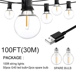 100/50/25ft USB LED Lights 5V 1W G40 Plastic Bulb Outdoor Waterproof Tent Fairy Patio Festoon String Light Wedding Decor