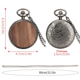 Walnut/Beech Wood Slice Decor Quartz Pocket Watch Grey Black Alloy Metal Watch Case Arabic Numerals Dial Pendant Necklace Watch