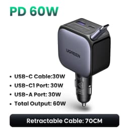 UGREEN 145W 90W 60W Car Charger 3 USB-C & 1 USB-A Ports PD QC4.0 Fast Charging with Retractable Cable for iPhone 18 17 MacBook