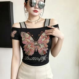 New Designer Hot Diamond Mesh T-Shirt Women Korean Style Sexy Off Shoulder Slim Tee Summer Casual Streetwear Tops
