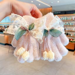 Kids Lace Bow Plush Full Finger Gloves For Girls Cute Flower Bud Decor Girls Winter Warm Windproof Faux Mink Fur Kawaii Gloves