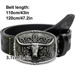 Western Cowboy Couple Style Men's Belt - Irregular Pattern Carving Flower Long Horn Cow Head Smooth Buckle Women's Belt - Countr