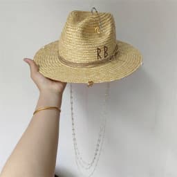 Metal letter beige straw hat handmade design hat pearl chain summer sun hat new letter hat beach women gorras para hombres