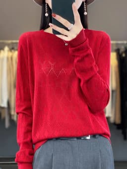 New Women Wool Blend Sweater Spring O-neck Geometric Hollow Pullover Fashion Soft Sweater Loose Casual Knit Base Tops