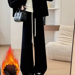 Drawstring High Waist Plush Pants For Women Winter Fleece Straight Wide Leg Casual Pants Woman Loose Thicken Warm Trousers Mujer