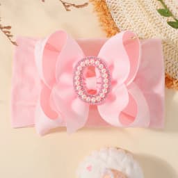 26 Letters Pink Big Bows Pearl Headbands for Baby Girls 5.98'' Wide Nylon Knotted Soft Elastic Hair Bands Wraps Headwear 1PCS
