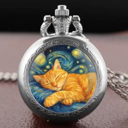 Sleep Cat Watch Black Quartz Pocket Watch Van Gogh's Art Vintage Accessory Women Necklace Pendant Clock Men Gifts for Cat Lover