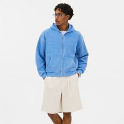 Waffle Knit Full Zip Hoodie for Men Vintage Washed Hooded Sweatshirt Casual Loose Cotton Kangaroo Pocket Streetwear Clothes