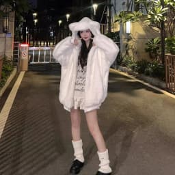 Japanese Sweet Long Sleeve Cat Ears Patchwork Coat Faux Fur Jacket Women Kawaii Y2k Vintage Hoodie Casual Autumn Winter 2026