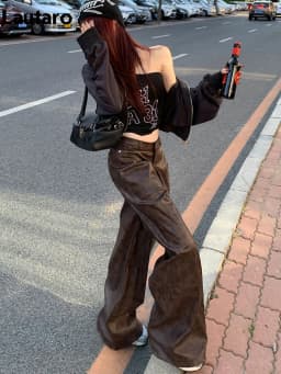 Lautaro Spring Long Loose Casual Soft Distressed Brown Pu Leather Wide Leg Pants for Women High Waist Korean Style Fashion 2024