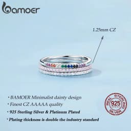 BAMOER 925 Sterling Silver Full Paved Simulated Diamond Stackable Rings, Women Gold Plated Engagement Eternity Bands Colored CZ