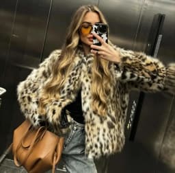 Mingmingxi Women's Leopard Print Faux Fur Coat Long Sleeve Loose Fit Winter Warm Jacket Wild Luxury Party Top