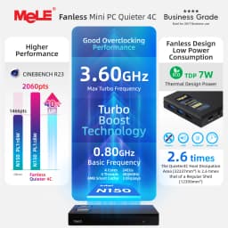 MeLE Business Grade Quieter 4C Fanless Mini PC N150 8GB 128GB Windows 11 Pro 3.6GHz 4K Display USB-C PD3.0 7×24 Commercial Use