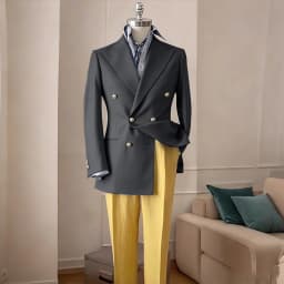 Timeless Men's Navy Blue Double Breasted Suit Summer Breathable Casual 2Piece Set Jacket+Yellow Linen Pants Wedding Groom Attir
