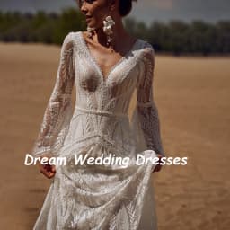 DREAM Customized V Neck Flare Sleeves Lace Wedding Dresses for Women Long Bride Dress Backless Vintage Outfit Bridal Gowns 2026