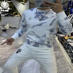 Men's Clothing Blue Pullover Top printing Sweatshirts for Man embroidery Hoodieless Slim Fit Style top