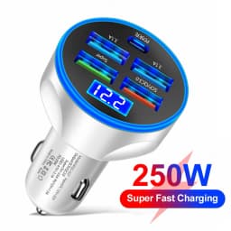 250W 5 Port Car Charger Super Fast Charging PD QC3.0 USB C Car Phone Charger Type C Adapter In Car For IPhone Huawei Realme OPPO