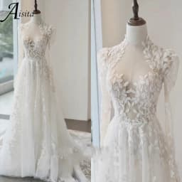 Romantic A Line Bride Dresses customized Lace Appliques Wedding Dress Wedding Long Sleeves Dresses for Woman Vestidos De Novia