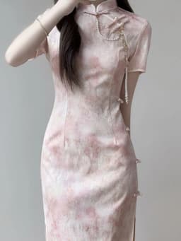 Pink Slim Fit Young Style Chinese New Version Summer Dress Short Sleeve Daily Wear Polyester Fiber Retro Style