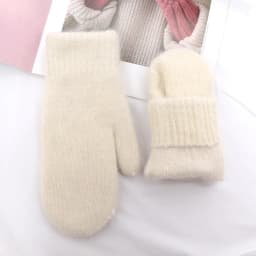 Women Winter Keep Warm Plus Cashmere Solid Color Woolen Elasticity Soft Full Fingers Mittens Girls Black Fur Knitted Cute Gloves