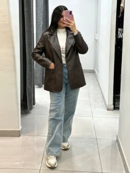 2026 Autumn Faux Leather Blazer Jacket Lapel Collar Single Breasted Big Patch Pockets Loose Vintage Minimalist Outerwear Coat
