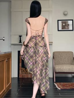Summer Plaid Chiffon Chic Backless Sexy Sling Dress Women Elegant Bandage Casual Dress 2026 Korean Bodycon Luxury Evening Dress