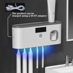 1 Smart Toothbrush Sterilizer, Toothbrush Storage Rack with 5 Brush Slots, Toothpaste Dispenser, Wall Mounted Holder