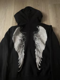 Mens Black Wing Pattern Zip Up Hoodie Street Style Trendy Young Stylish Casual Urban Hip Hop Cool Hooded Sweatshirt for Men