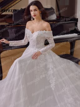 BEPEITHY Customized Princess Off Shoulder Lace Wedding Dresses For Plus Size Women Long Sleeves Bride Vintage Bridal Gown 2026