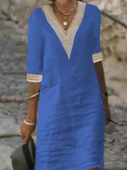 Retro Solid Color Hollow Out V-neck Half Sleeve Women Dress Vintage Streetear Clothing Cotton Linen Loose Dress Spring Summer