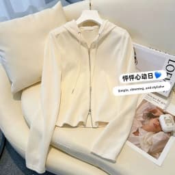 Korean Style Women's Zipper Hoodie Double Headed Slim Fit Short Base Shirt Brushed Fleece Jacket Outerwear Long Sleeve