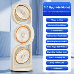TINSOL 2026 New Portable USB Rechargeable Three-Head Fan – 360° Circulation, 5-Speed Wind, Dormitory and Outdoor Desktop Fan